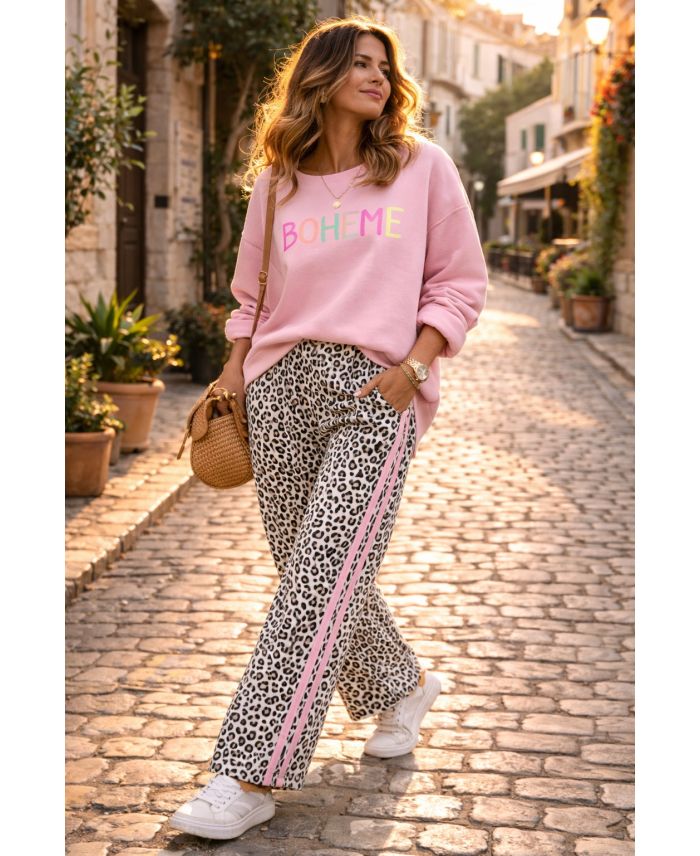 LUIPAARD 2-STREEPS ROZE WIJDE BROEK