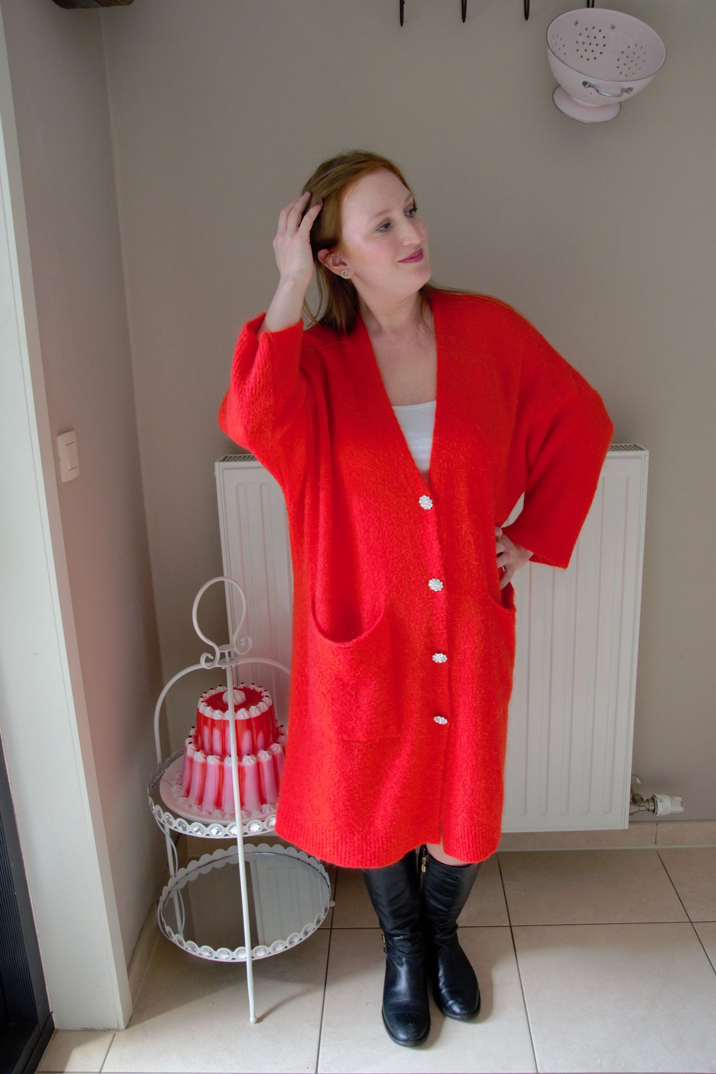 orange gilet flower button